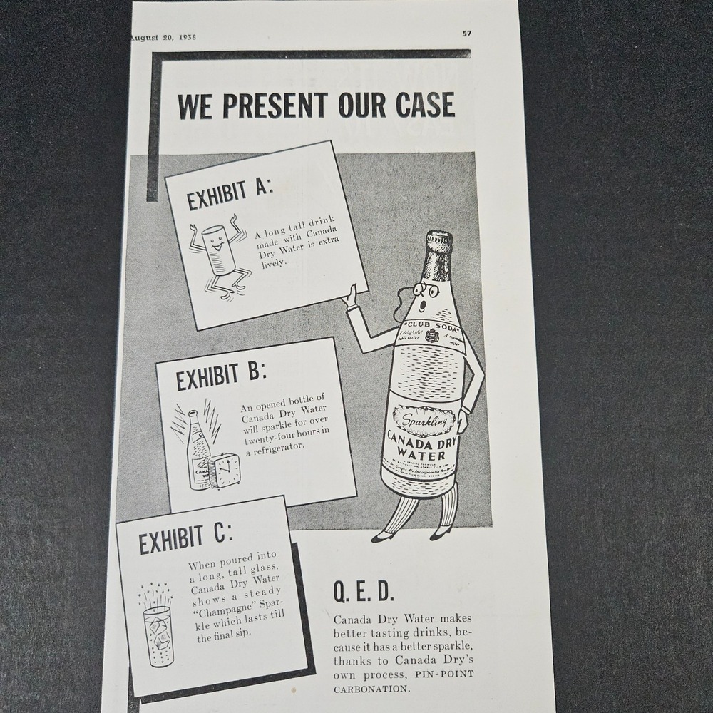 1938 Sparkling Canada Dry Water Club Soda Vintage Print Ad Anthropomorphic Drink